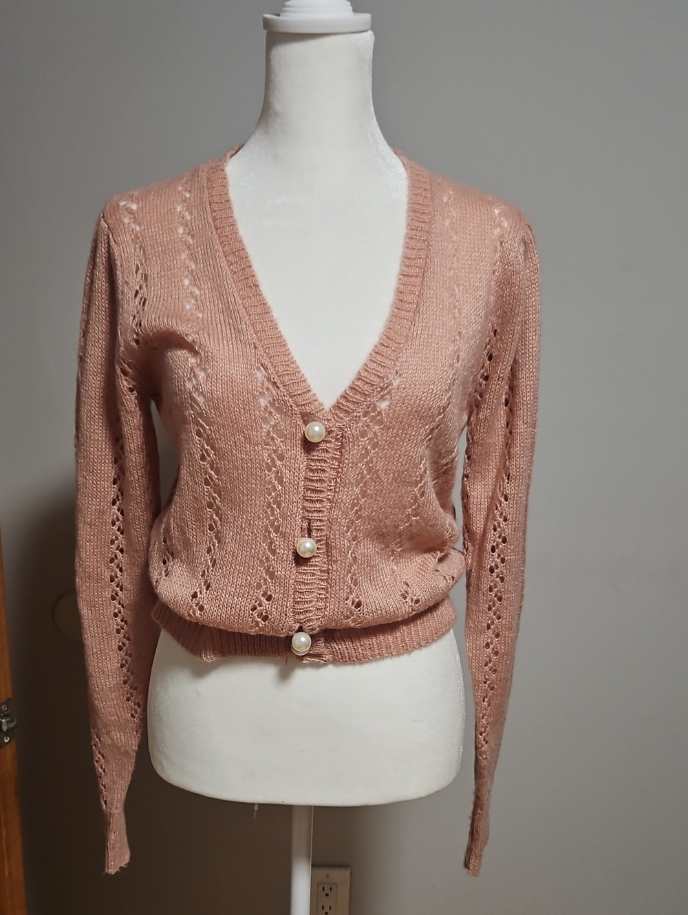 Classic V-Neck Pearl-Button Cardigan Sweater in Blush